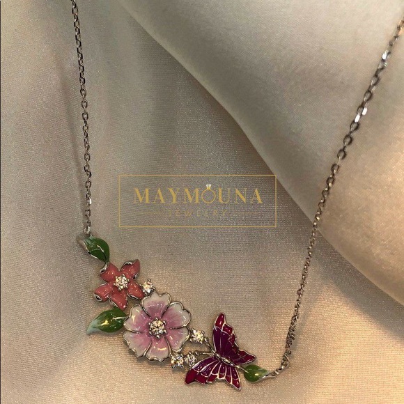 925STERLING SILVER ENAMEL FLORAL NECKLACE - Picture 1 of 5